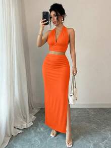 abyoxi 深V领露背系带短款上衣搭配侧开衩褶皱长裙，时尚两件套夏季装 - 橘色 - 查看 8