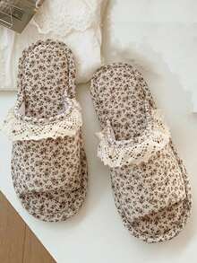 Women's Linen Slippers, Khaki Color With Lace Trim & Floral Pattern, Comfortable Indoor Non-Slip Warm Soft Sole, Suitable For Spring, Autumn And Winter - Khaki - View 4