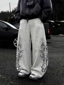 Graphic Print Casual Sweatpants, Loose Fit Straight Leg, English Graffiti Print, Streetwear Comfortable Summer - 黑色 - 查看 7