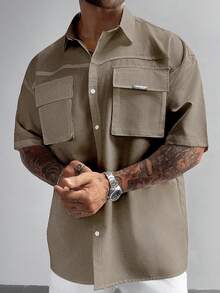 GloMan 男士实用复古风白色工装衬衫，带 3D 口袋，短袖宽松翻领，适合度假、户外和日常穿着，父亲节礼物，母亲节礼物 - 卡其色 - 查看 4