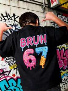 Camiseta de cuello redondo con estampado de helado "67" de dibujos animados para adolescentes, top casual suave para primavera/verano - Negro - Ver 2