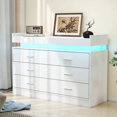White Chest Of 6 Drawers With LED Lights High Gloss 6 Drawer Chest Of Drawers Dresser Storage Cabinet Sideboard Cabinet For Bedroom Living Room Office