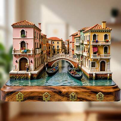 Bringing Venice Home: 3D Canal Scene Magnet With Textured Facades & Gondola Details, Wooden Base With "HOME" Charm – A Keepsake Of Travel & Warmth For Your Kitchen