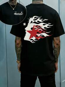 Hellstars Star Fire Hair Flag Vintage T-Shirt Double Sided Printed (220g 100% Cotton T-Shirt),Summer Clothes, Men's Tops, Casual And Comfortable, Fashionable Graphic Tee, Unisex Style - 黑色 - 查看 1
