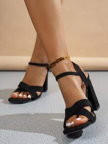 Women's Black High Heel Sandals, Elegant Summer Faux Suede Open Toe Chunky Heel Strap Sandals - Black - View 1
