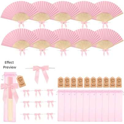 Her/His Gift Pink Wooden Folding Fan Set With Thank You Tag - Ideal For Weddings, Bridal Showers, Birthdays, Home Decor, Fan Decorations, Romantic Party Favors, Wedding Gifts | Elegant Fan Design | Durable Fan