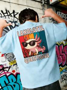 Axolotl 卡通背印男孩寬鬆版型 T 恤，兒童趣味圖案休閒短袖上衣 - 淺藍色 - 查看 2