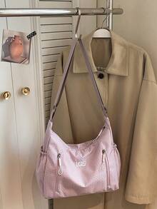 Women's Fabric Plaid Crescent Underarm Bag, Letter Embroidery Multi-Pocket Design Can Hold Water Bottle, Casual Sports Practical Shoulder Bag - Multicolor - View 8