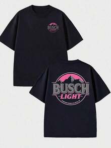 Women's Summer Tops Summer Tops Retro Style T-Shirt With Busch Light Beer, Mountains And Sunset Print 100% Cotton, 220g, Print On Both Sides Loose And Comfortable Fit Summer Clothing Cotton T-Shirt - 黑色 - 查看 5
