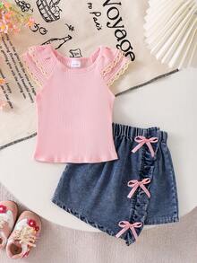 Bộ 2 món cho bé gái gồm áo tay bồng gân và chân váy denim, kiểu dáng nhẹ nhàng cho kỳ nghỉ hè. - Hồng - Xem 4