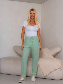 Women's Polyester Tie-Front Pants - Mint Blue - View 1