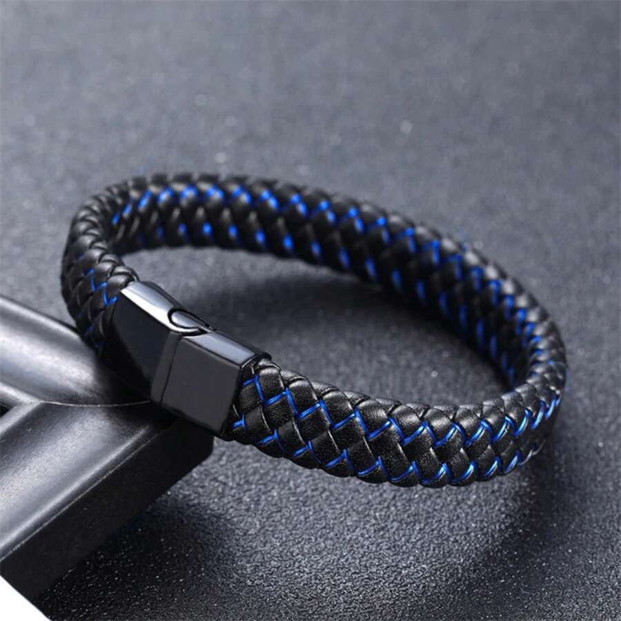 Handmade Microfiber Leather Bracelet Stainless Steel Men's Bracelet Jewelry - B 1055001 - Xem 1