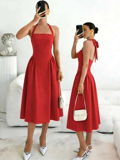 Women's Summer New Solid Color Halter Neck Bow Tie Waist Slimming Elegant Casual Sexy Backless Mid-Length Dress, Suitable For Formal Occasions, Festivals, Parties, Daily Casual And Vacation Wear