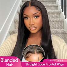 PQL巴西长直发蕾丝前额真人混纺假发,180%密度,13x6/13x4高清蕾丝前额假发,无需胶水,女士真人混纺假发,13x6/13x4蕾丝前额闭合假发,预先拔毛,细小发结,自然发际线,带婴儿发,16-34英寸 - 自然色&黑色系 - 查看 2