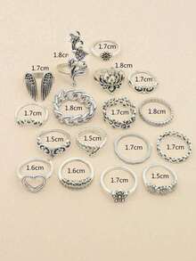 17 件/套独特花朵翅膀链指节戒指套装，女士礼物，派对装饰 - 復古銀色 - 查看 4