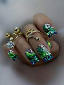 24 piezas de uñas con diseño de degradado verde para uñas postizas, arte de uñas, uñas falsas, suministros de uñas - Verde - Ver 8