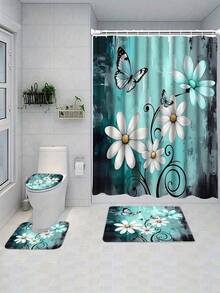 [Rustic Shower] 4pcs Rustic Farmhouse Shower Curtain Set Farm Teal Daisy Floral Bathroom Set With Non-Slip Rugs, U-Shaped Mat, Toilet Seat Cover, Machine Washable Shower Curtain With 12 Hooks, Country Wooden Design With Flowers And Butterflies - A - View 16