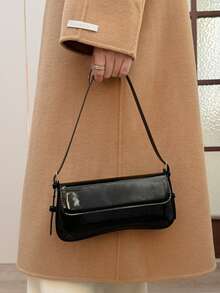 New Fashionable Minimalist Flap One Shoulder Bag, High-Gloss Underarm Bag, Minimalist Commuter Handbag For Women - Black - View 5
