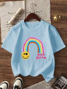 Set de 3 camisetas de manga corta con cuello redondo y estampado casual para niñas, ropa de verano para estudiantes jóvenes - ¡La camiseta estampada con flores de arcoíris y rostros trae alegría y felicidad a cada niño! - Celeste - Ver 4