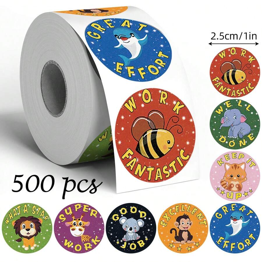 500 miếng nhãn dán cuộn hình vẽ động vật hoạt hình cổ vũ, tròn 1 inch, 8 mẫu hoạt hình, nhãn dán sáng tạo cho scrapbook, laptop, ngày đầu đến trường - Nhiều màu - Xem 1