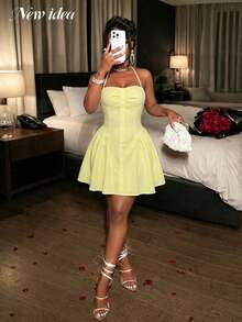 女士黄色吊带迷你连衣裙，休闲优雅时尚前扣连衣裙，女士夏季服装，女士夏季连衣裙，女士休闲连衣裙 - 芥末黃 - 查看 4