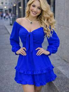 SHORT DRESS WITH LONG SLEEVES AND SPRING, COUNTRY STYLE, DOUBLE Ruffle, CEY FABRIC. MOD. ELSIE - Royal Blue - View 2