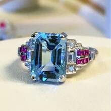 Luxury White Gold Plated Aquamarine Princess Cut Cubic Zirconia Women's Wedding Engagement Party Ring - Blue - View 2