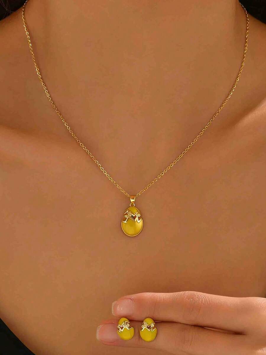 3件套简约俏皮裂纹蛋项链耳环套装，适合女性在复活节派对或通勤时佩戴。 - 金黃色 - 查看 1