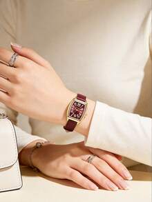 1pc Luxury Retro Women's Quartz Watch, Barrel-Shaped Dial With Gold Arabic Numerals, Gold-Plated Alloy Case, Elegant Minimalist Style Suitable For Daily Wear, Office, Party, Wedding And Other Occasions - Red - View 6