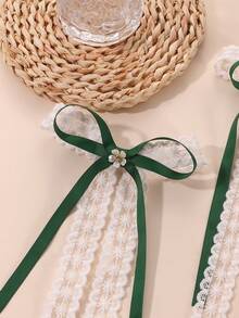 2个装女士时尚优雅绿白蕾丝蝴蝶结珍珠双层蝴蝶发夹，适合春夏日常佩戴 - 彩色 - 查看 5