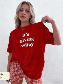 2026 Women' Its Giving Wifey Print T Shirt,Bride To Be Oversized Heavy Cotton Tee,Honeymoon Wedding Daily WearEnd Of - 紅色 - 查看 4
