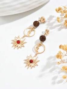 一对欧式中东波西米亚风时尚金色耳钉棕色珠子日月流苏耳环，流苏设计展现独特女性魅力，适合派对、婚礼、节日及其他特殊场合，也可作为节日礼物赠送。 - 彩色 - 查看 4