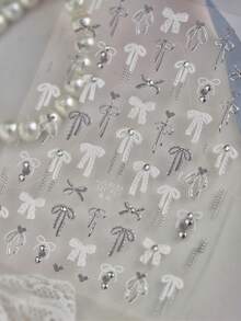 1pc 5D Rhinestone Bow Nail Art Stickers Inlaid Diamond White Sliver Long Ribbon Minicure Decorations Decals - Multicolor - View 5