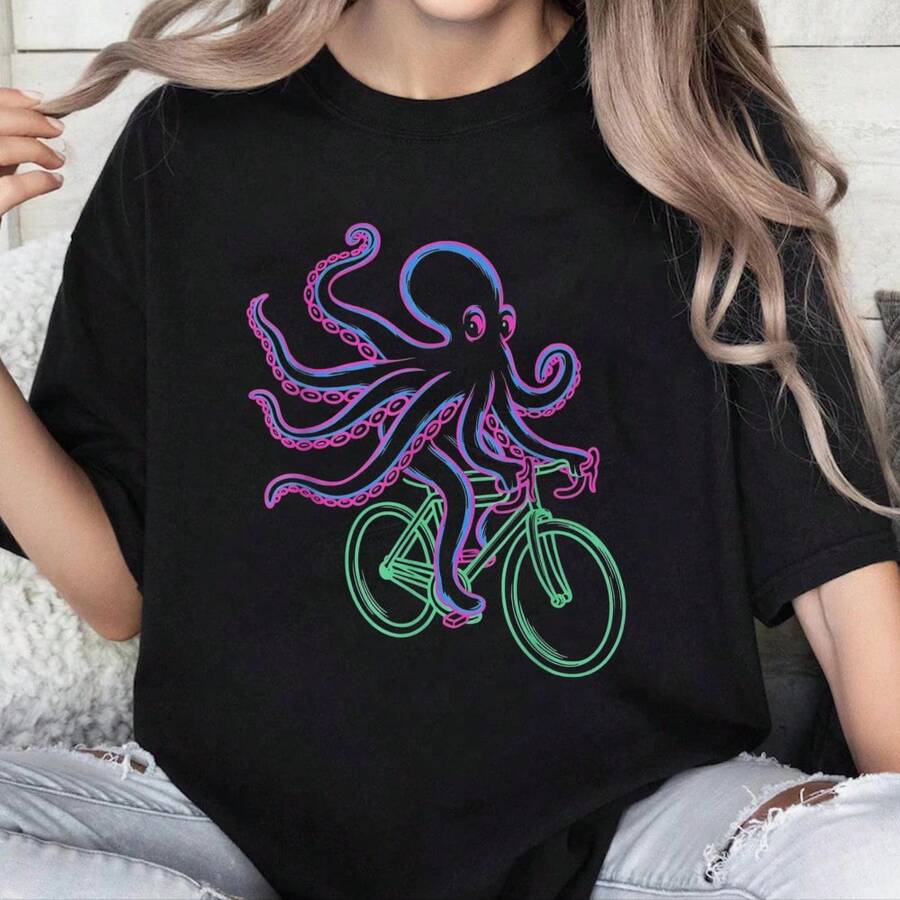 100% Cotton Bike Riding Octopus Funny Art T-Shirt - Black - View 1