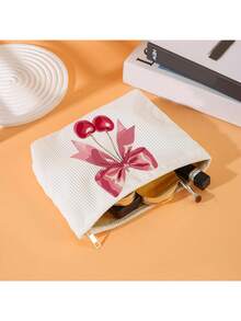 Cherry Bow Print Corduroy Cosmetic Bag, Women's Handheld Zipper Pouch, Lightweight Multifunctional Storage Bag Toiletries Bag Wash Bag Large Capacity Shower Bag For Women Mothers Day Gift Teacher Gift Cruise Essentials Travel Essential - Multicolor - View 3