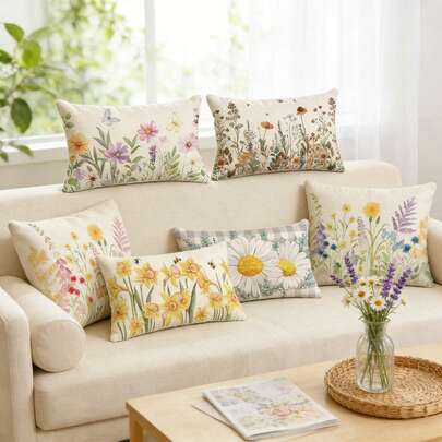 1pc Watercolor Wild Flower Lumbar Pillow Cover, Pastoral Floral & Butterfly Waist Cushion, Living Room Sofa Bedroom Decor Lumbar Pillow, Rectangular Faux Linen Single-Sided Printed, Machine Washable, Spring Decor, Suitable For Sofa, Bed, Car, 30*50cm