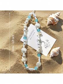 Fashionable Ocean-Themed Shell Braided Phone Lanyard, Beach Series Starfish & Turtle Beaded Phone/Camera Charm - Blue - View 5