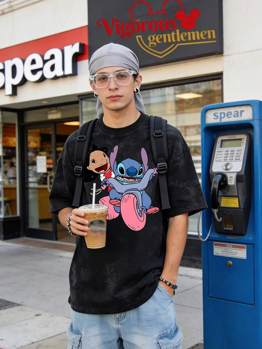 Disney Vintage Washed 230g Casual T-Shirt | Stitch & Lilo Riding Cartoon Print Short Sleeve - 黑色 - 查看 1