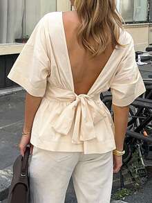 Camisa de mujer Look Polly con lazo, espalda descubierta y manga corta, estilo casual y de vacaciones, para primavera/verano - Albaricoque - Ver 7