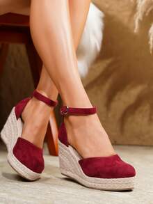 Women's Comfortable Non-Slip Buckle Round Toe Platform Wedge Shoes, Spring/Summer - Burgundy - View 8