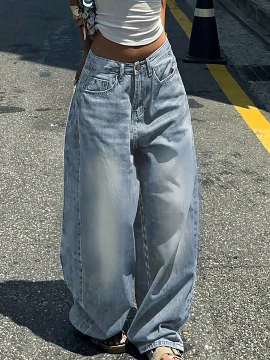 Jeans holgados de tiro alto y gran tamaño (primavera 2026) | Denim lavado vintage | Pantalones holgados, casuales, versátiles y de uso diario (multicolores) - Mejora de material azul claro - Ver 1
