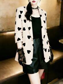 1pc Women's Elegant Heart Print Contrast Button Front Blazer Jacket, Suitable For Commuting, Office, Daily Wear, Spring/Summer Vacation - Apricot - View 3