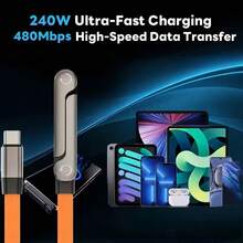 240W 快充数据线，尼龙编织纤维材质，单条侧装式手机充电器，二合一隐藏式支架充电线，内置手机支架，适用于智能手机和平板电脑，生日礼物 - 橘色 - 查看 6