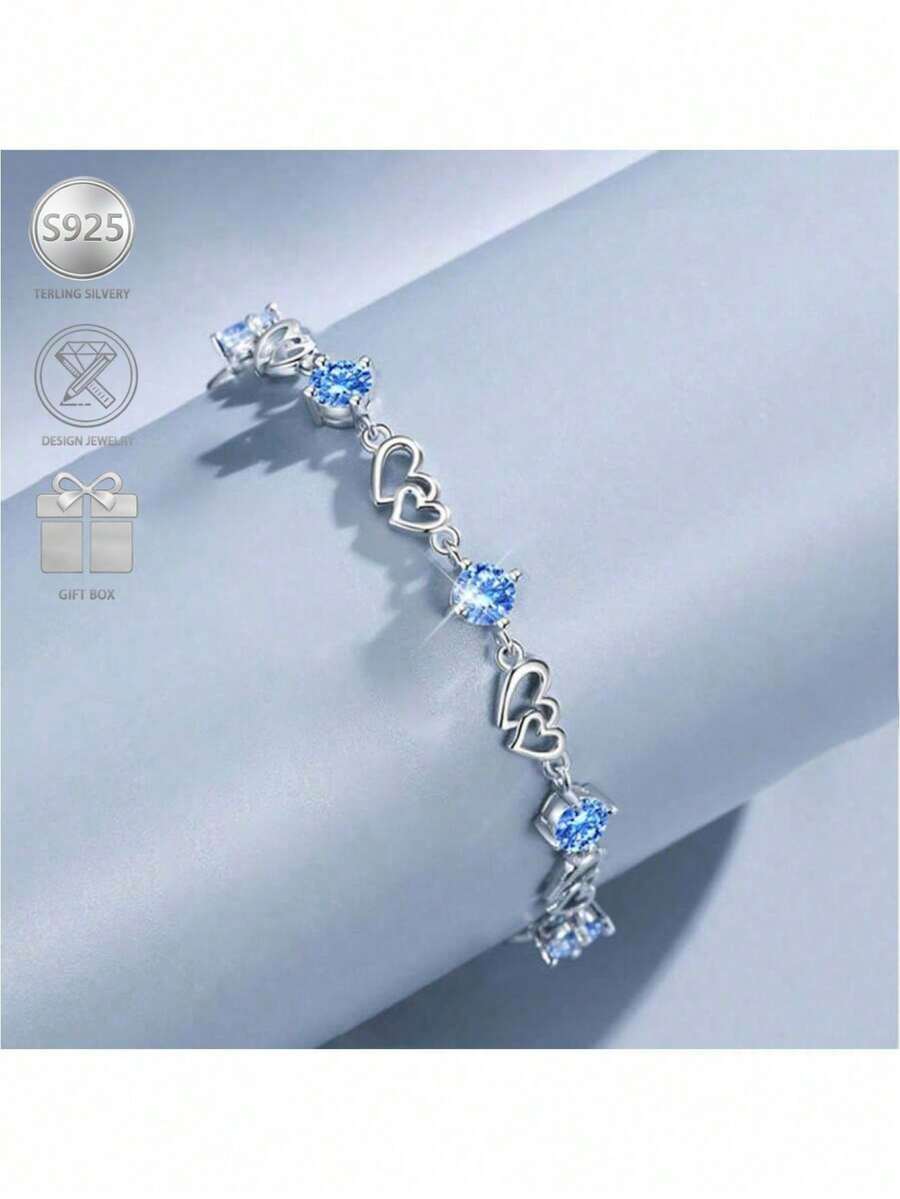 Minimalist Fashion 925 Silver Zirconia Heart-Shaped Geometric Bracelet, Suitable For Women To Wear On Vacation, Parties And Music Festivals - Silver - View 1