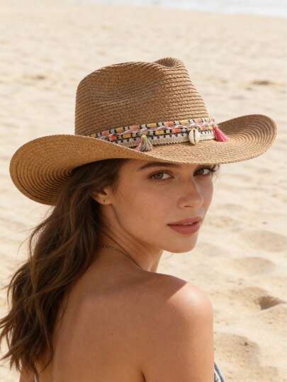 A Ladies' Wide-Brimmed Straw Hat, Suitable For Both Men And Women, With A Bohemian Style And Panama Straw Weaving. It Has Sun Protection Function And Is Equipped With A Windproof Rope. This Is A Western Cowboy Hat, Perfect For Wearing On The Beach In Summer, And It Is Also Easy To Fold.