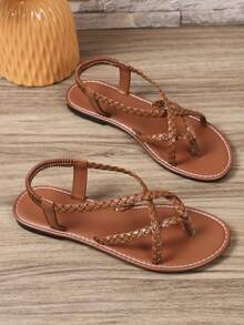 1 Pair Plus Size Women's Flat Sandals, Elegant New Design Black Woven Strap Flat Sandals, Fashionable Criss-Cross Straps, Comfortable Fit, Stylish And Versatile Shoes Suitable For Daily Wear - Brown - View 7