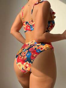 Women's Hard Cup Ruffle Large Print Bikini 2 Pieces Set With High-Waisted Swimsuit Bottoms - Multicolor - View 2