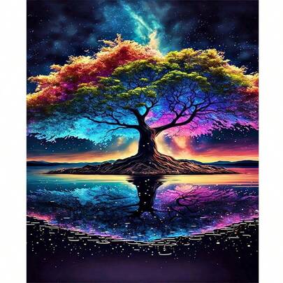 1pc 2D DIY Diamond Painting Dreamlike Starry Sky & Colorful Tree, Landscape Diamond Art, Living Room/Bedroom Decor, Handmade DIY Diamond Embroidery, Perfect For Holiday Gifts
