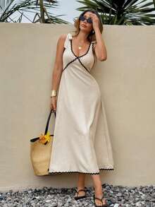 Vestido Maxi de Lino Bohemio 2026, Sin Mangas con Cuello en V y Silueta A, con Adornos Ondulados Negros, Versátil para Vacaciones, Fiestas y Uso Diario - Albaricoque - Ver 4