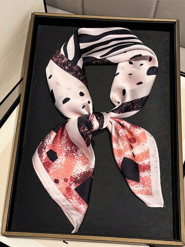 1pc 65*65cm Square Scarf, Women's Satin Silk Imitation Zebra & Leopard Print, Versatile Neckerchief Headband Shawl - Multicolor - View 6